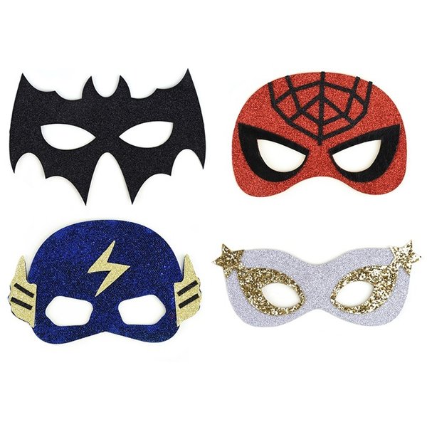 Masker superhelter m/ glitter:  spiderman, batman, blue thunder, silverhero